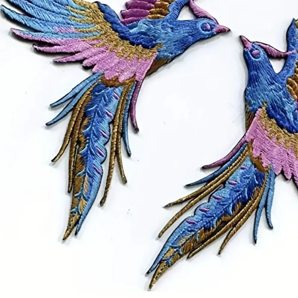 1 pair Phoenix Bird Embroidered Applique Iron on Exquisite Cloth Patches DIY Self-adhesive Clothes Sticker Bag Decoration