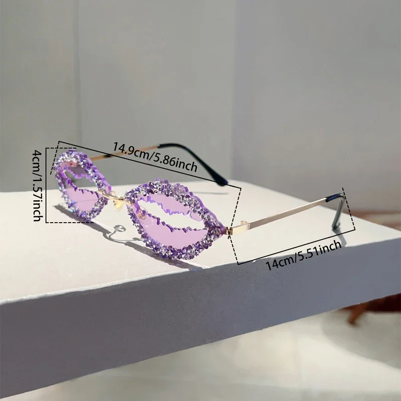 KAMMPT Rimless Lips Shaped Sunglasses with Rhinestones Trendy Women Stylish Vintage Decor Shades Trendy Funny Rave Sun Glasses