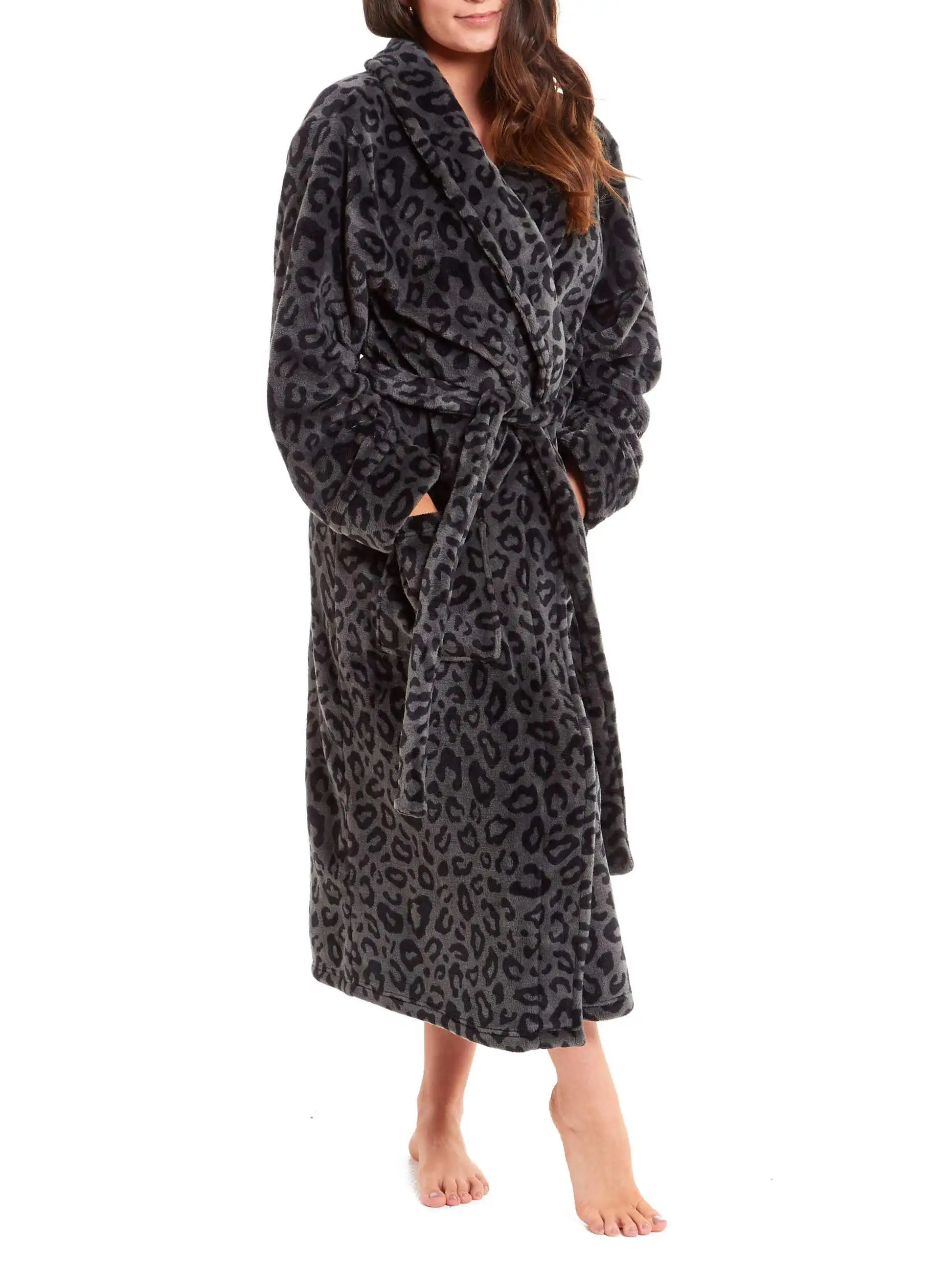 Classic Women Bathrobe V Neck Leopard Long Sleeve Sash Pregnant Party Sleepwear Draped Robe Maternity Photo Evening Dresses