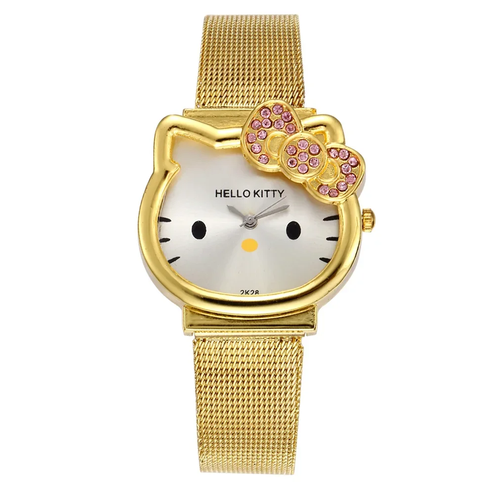 Jam tangan tali baja Sanrio terlaris jam tangan kuarsa kartun Hello Kitty kucing sederhana jam tangan wanita santai Kitty imut anak-anak