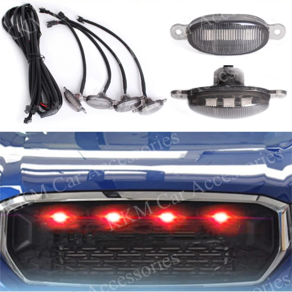 

One Set (4pcs) Red Day Running Lights Smoked Lens Warning Lamps LED Car Front Grille Light Strobe Emergency Flash Universal