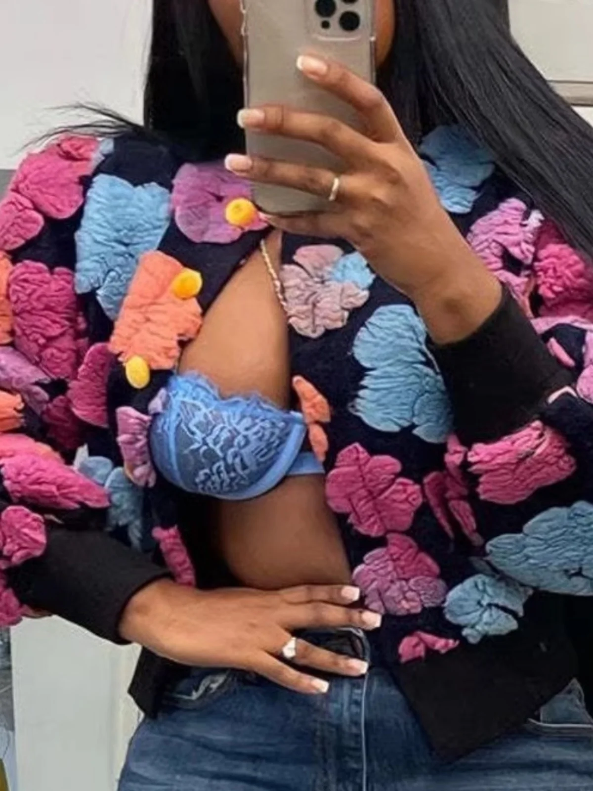 

Retro 3D Floral Single Breasted Jaet Women's Loose Fit ort Outerwear Long Sve Button up Coat Spring Autumn Faion