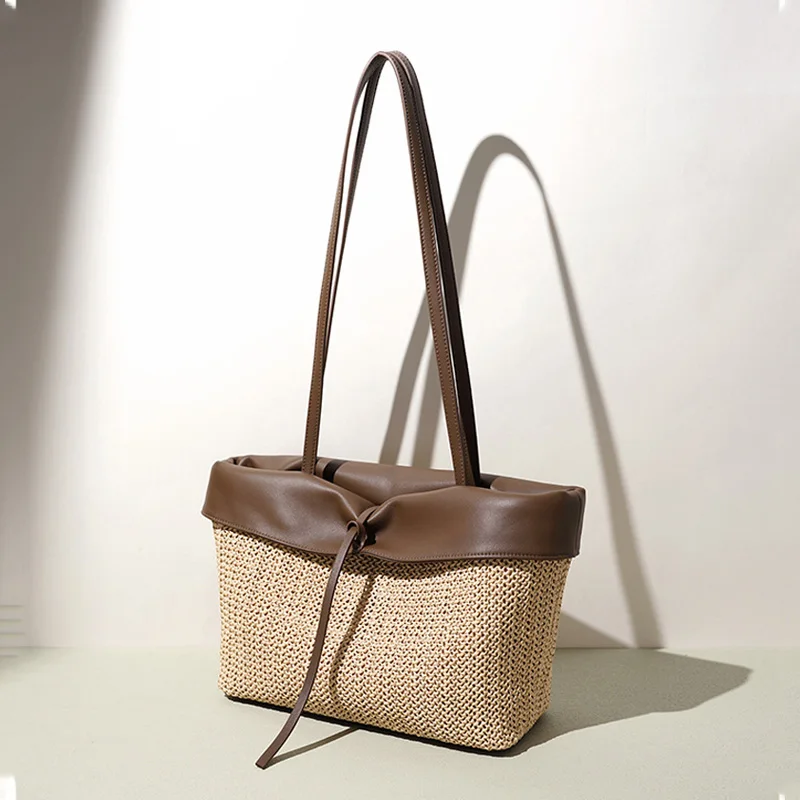 Fashion Women PP Straw Patchwork Genuine Leather Women Handbags Large Capacity Summer Beach Casual Shoulder Bag Lady Woven Bag
