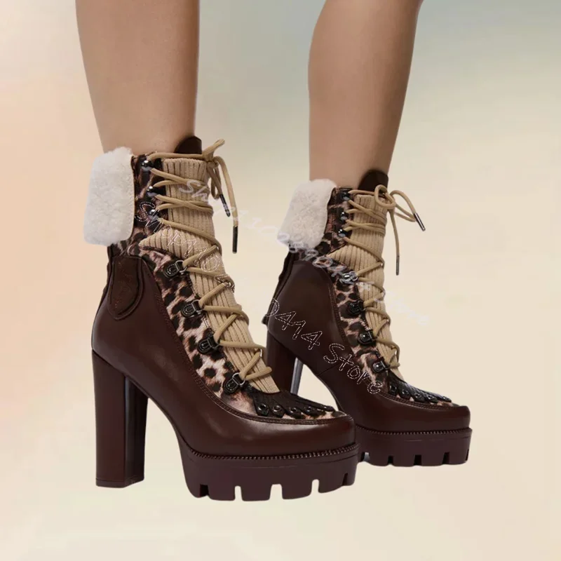 

Brown Leopard Print Strappy Patchwork Platform Boots Back Zipper Women Shoes Chunky High Heels Banquet 2024 Zapatos Para Mujere