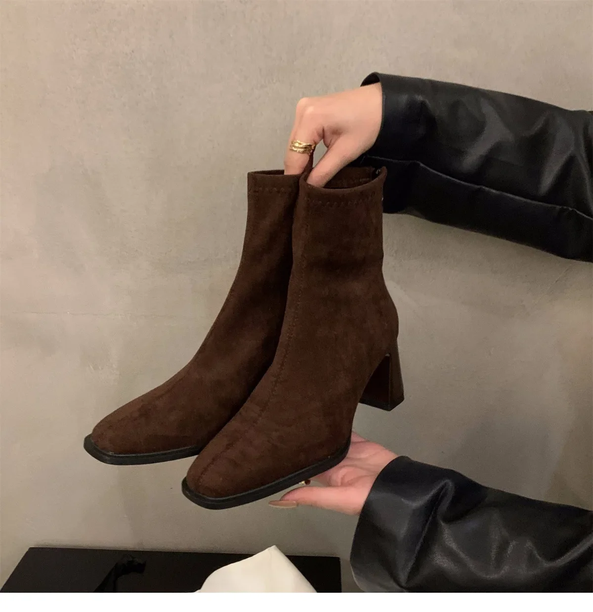 Quadratische Spitze Sexy Wildleder Casual Arbeitsstiefel für den Winter Bequeme Reißverschluss-Bankett-Elegante High Heels Damenstiefel – Detail 12