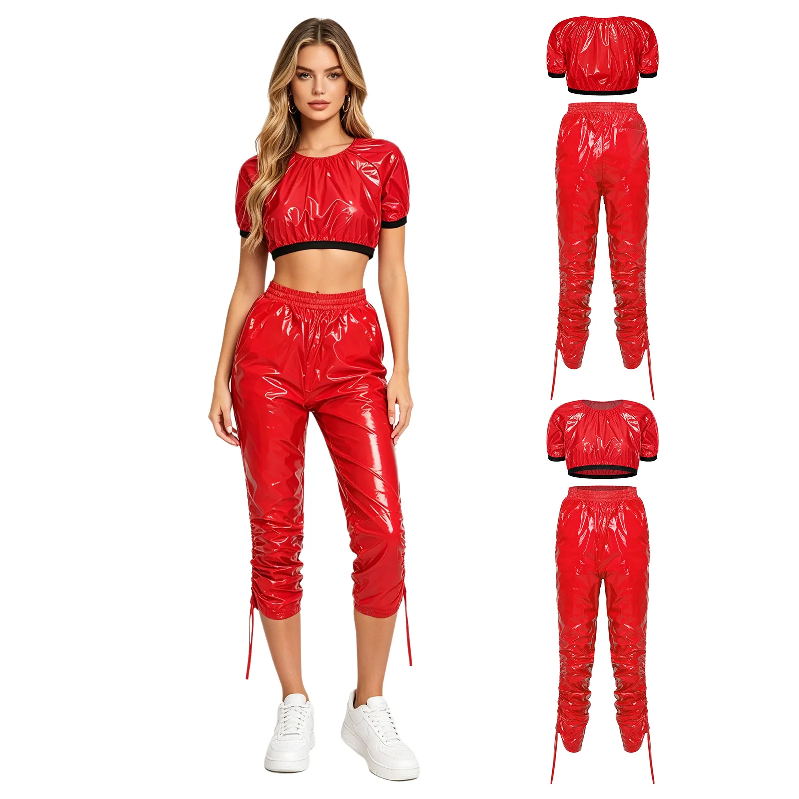 Womens Clubwear Sets Waterproof Glossy Nightclub Party Outfit Short Sleeve Crop Top and Pants Suits for Pole Dancing Night Show