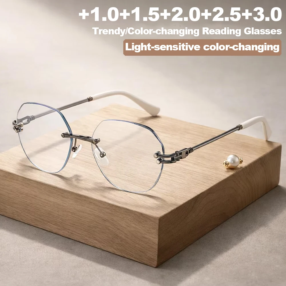 1pc Randlose Anti-Blau Gläser Farbwechsel Frauen Luxus Gradient Shades Lesebrille Damen Rahmenlose Brillen Für Den Täglichen Gebrauch