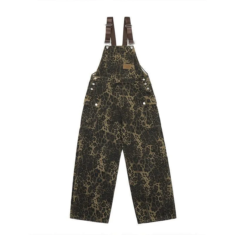 

Retro Washed American High Street Leopard Print Denim Overalls with Pockets 2026 New Women's Loose Wide Leg Floor Length Pants