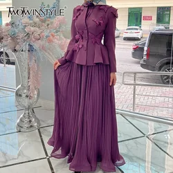 TWOTWINSTYLE Solid Two Piece Set For Women V Neck Long Sleeve Tunic Designer Coat High Waist Pleated Skirt Formal Set Female New
