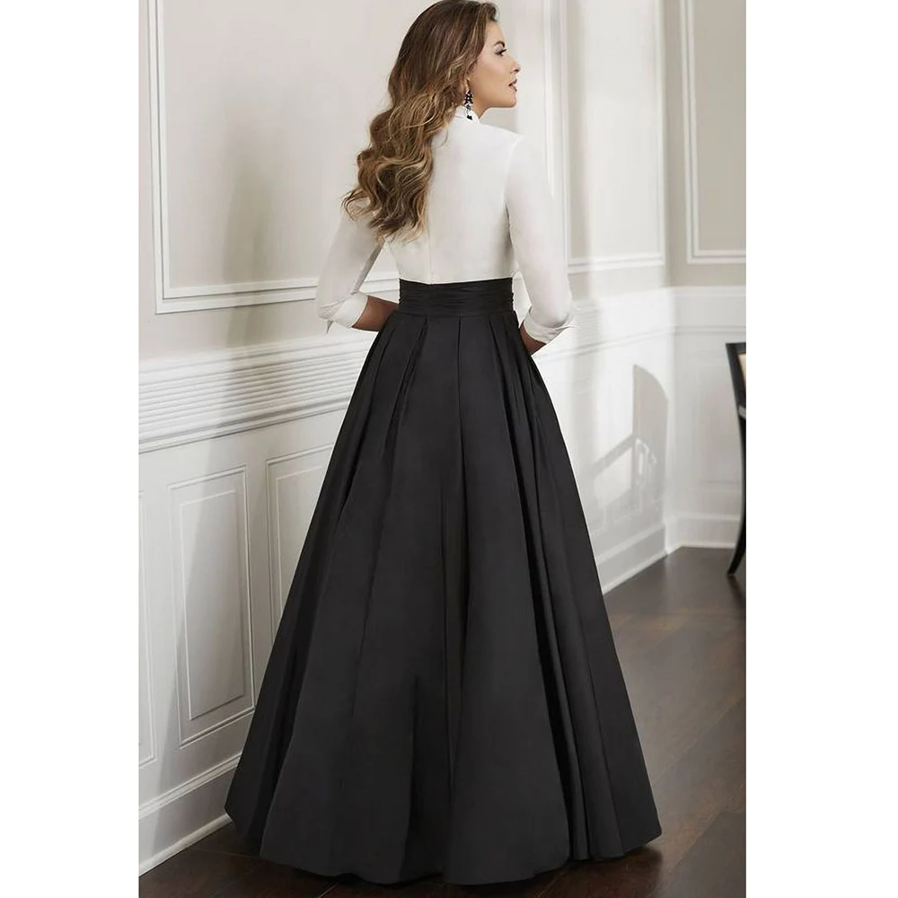 Black and White Evening Dress Long Sleeve V-Neck A-Line Floor Length Pleat Formal Occasion Graceful Women Dresses Prom Party