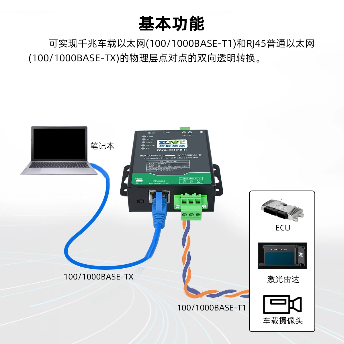 Автомобильный Ethernet-конвертер IoT Gigabit 100M 100/1000BASE-T1 в TX в RJ45