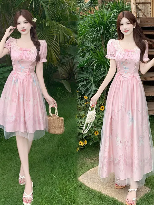 

Large Size Princess Escapee Fairy Tale Carousel Print Dress with Bow Tie Sweet Style A-Line Midi Dress for Women