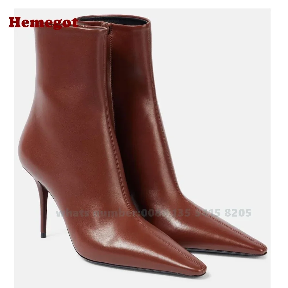 Red Brick Glossy Ankle Boots Pointed Toe Side Zipper Women\'s Short Booties Thin High Heels Solid Winter Designer Shoes Plus