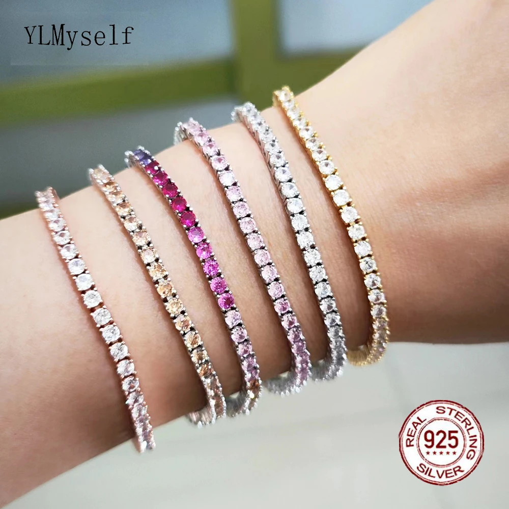 

Solid Silver Fine Jewelry Chain Pave 3mm White/Champagne/Pink/Rainbow Cubic zircon Eternity 925 Silver Tennis Bracelet