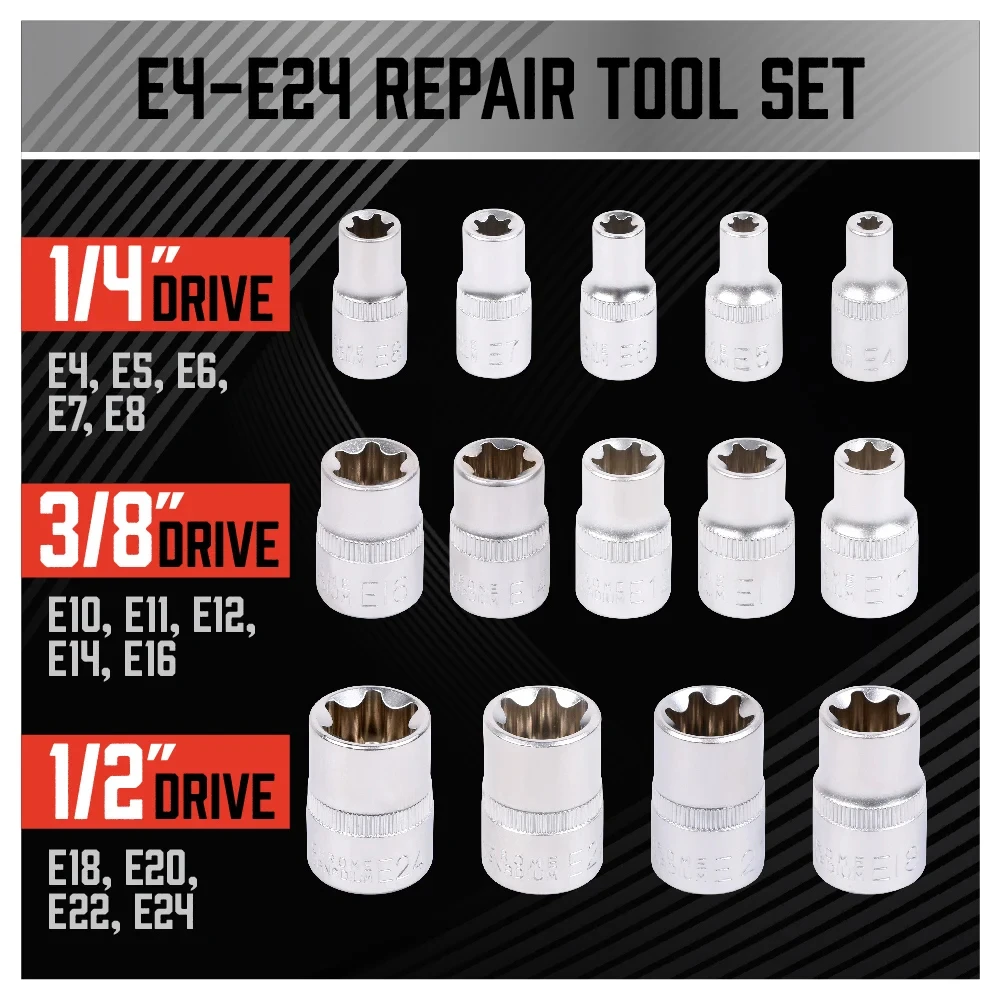14-Piece E-TORX Socket Set - Premium Female Torx Socket Set, Ultimate Torque Star Sockets, External Torx Sockets