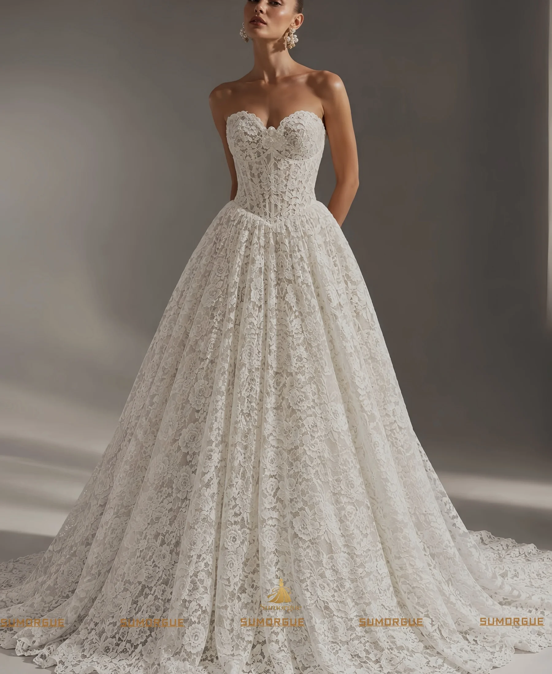 Luxurious wedding dress - Colorful lace strapless 2-piece detachable princess ball gown - High-end custom wedding dress