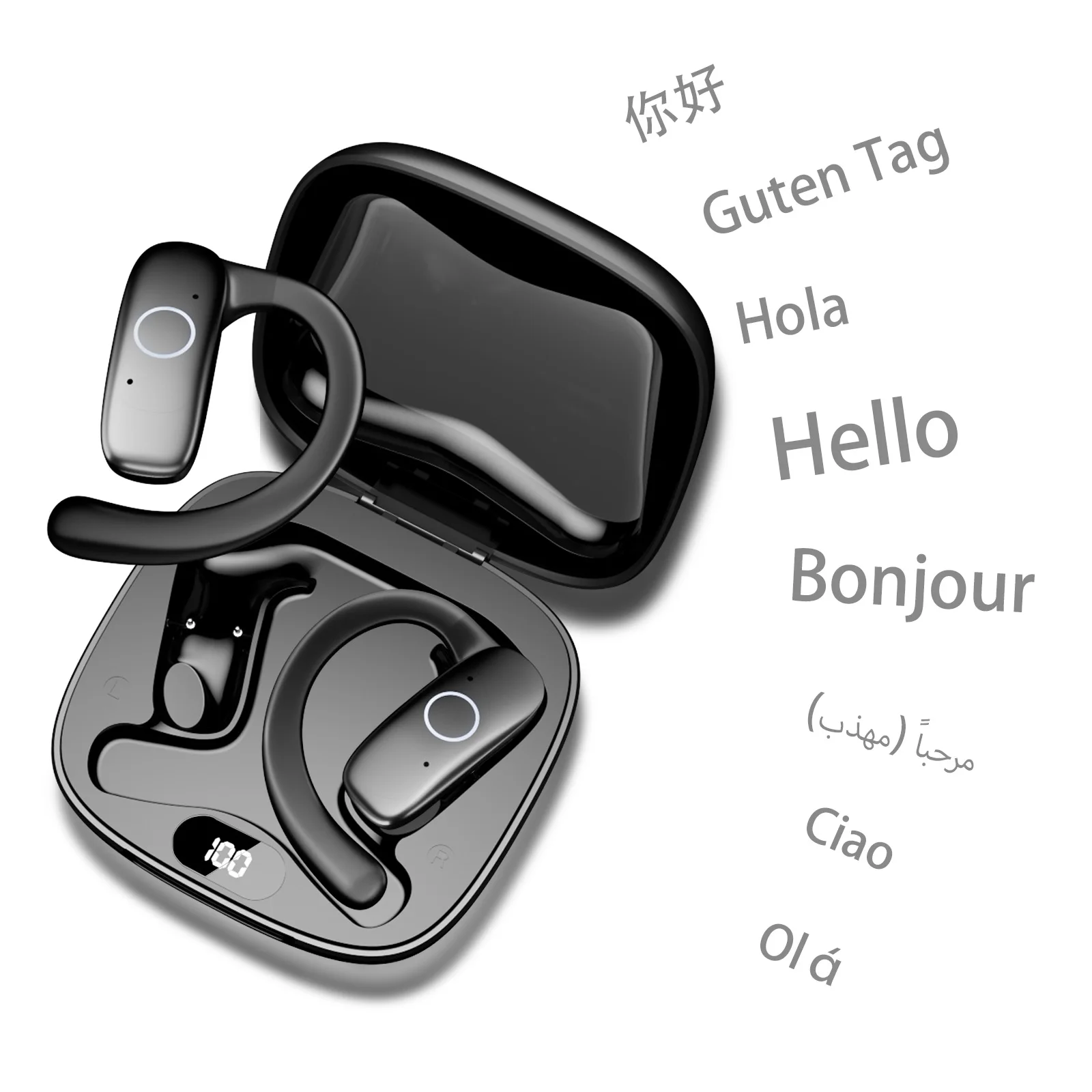 Realtime vertalerhoofdtelefoon AI-taalvertaling Oordopjes 144 talen en accenten 3-in-1 OWS-oordopjes voor bedrijven