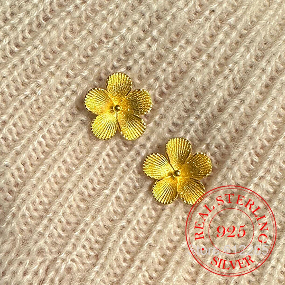 

24K Gold Plated Golden Flowers Peach Blossom Stud Earrings For Woman Crystal Piercing Jewelry Aretes De Mujer Party Gift