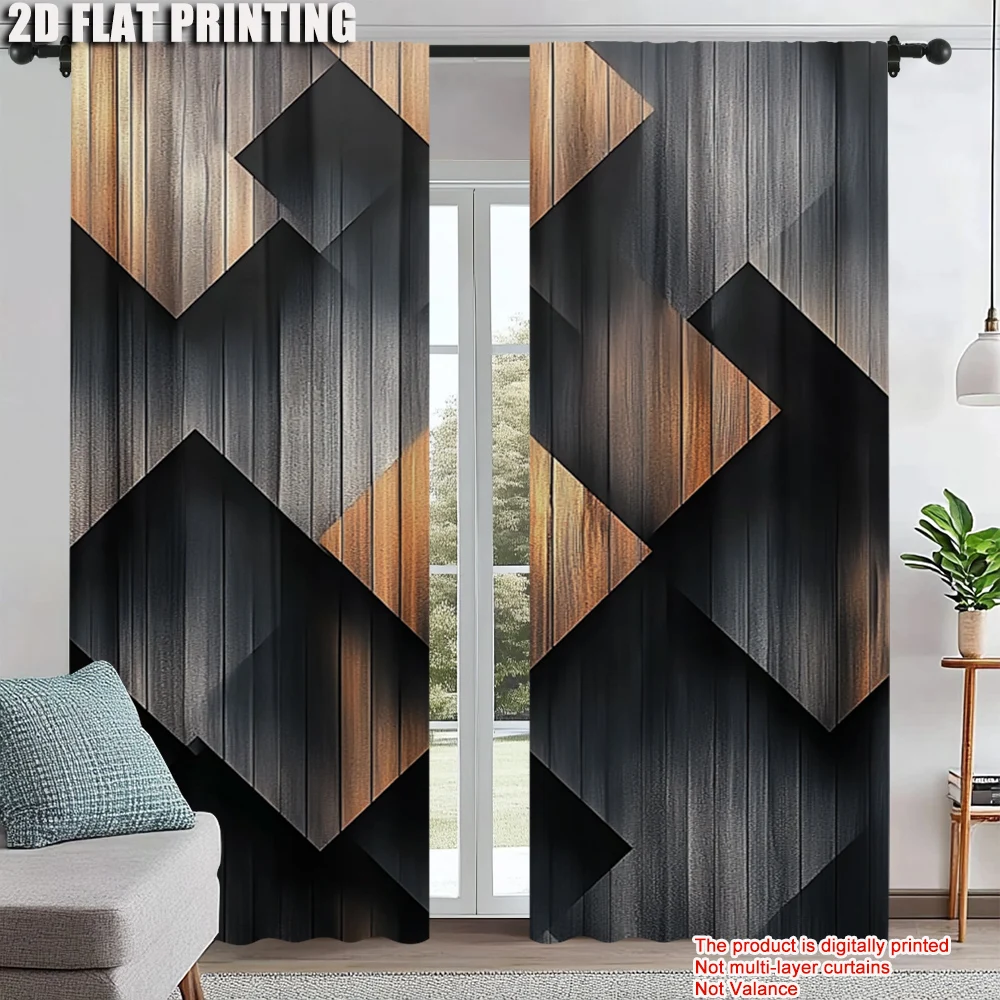 

2Pcs Modern Wooden Block Pattern Printed Curtains Rod Pocket Polyester Fashionable Home Decor For Bedroom Office Kitchen Living