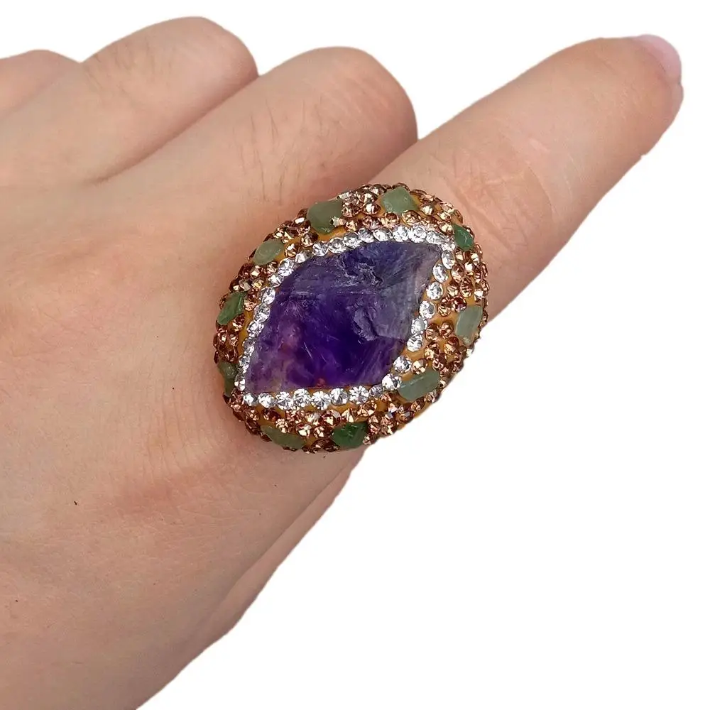 Y·YING Natural Amethyst Rough Raw Chrysoprase Finger Rings Anniversary Women Jewelry Adjustable