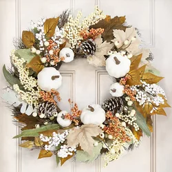 Autumn White Pumpkin Wreath Thanksgiving Decoration Maple Leaf Wreath For Front Door Hanging Indoor Outdoor Wall Home Decor