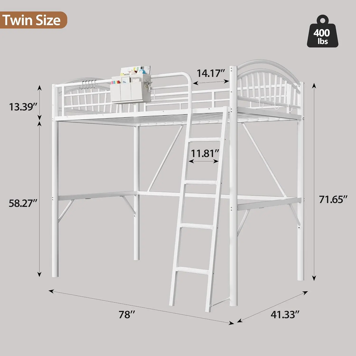 Decofy Loft Bed White Twin with Storage Bag, Metal Twin Size Loft Beds for Kids with Convertible Ladder, Safety Guard Rails and