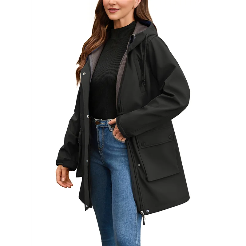 

AA01-Women Waterproof Softshell Jackets Warm Fleece Lined Coats With Hood Long Rain Jacket