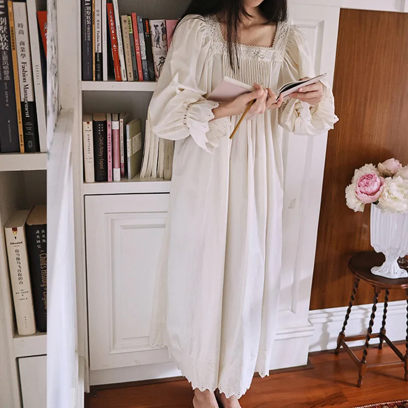 2024 Princess Vintage Long Nightgowns Women French Embroidery Square Collar Loose Nightdress Spring Full Sleeves Cotton Nightie