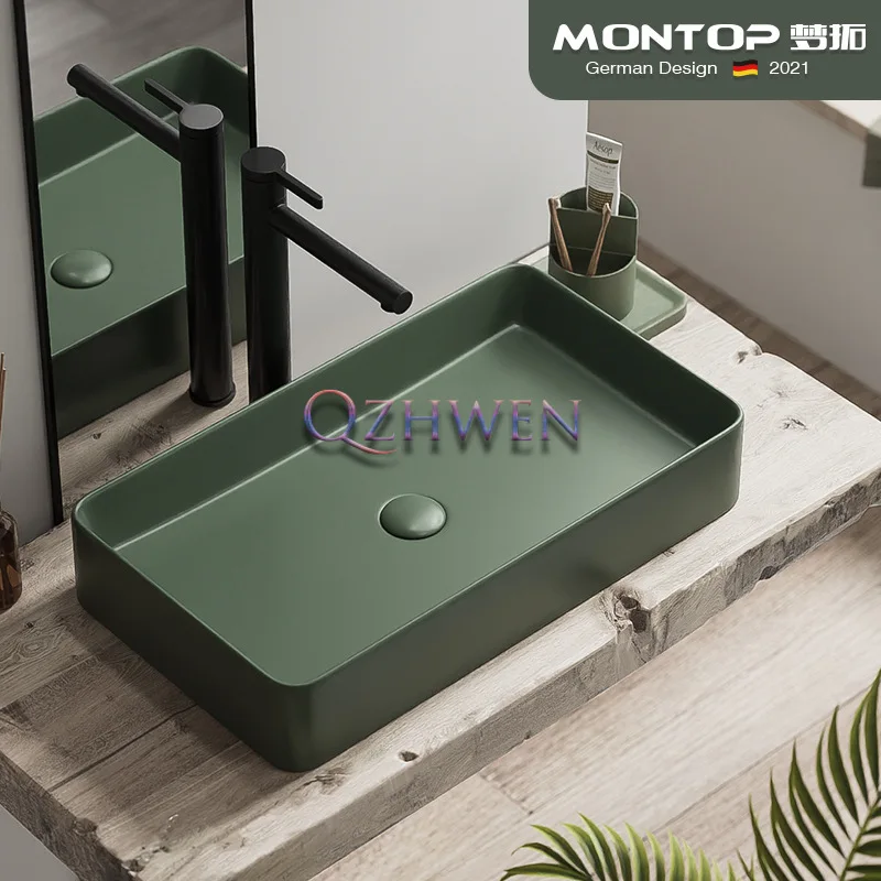 50cm/40cm/36cm/30cm Ceramic Washbasin Bathroom Sink Dark Green Matte Square Luxury Balcony Toilet Hand Wash Basin with Faucet