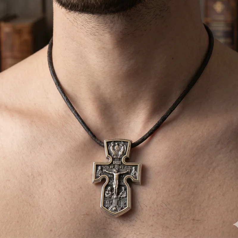 Buy 3 Get 1 Free 13g stainless steel gilt crucifix Pendant merges the Crucifixion scene, Trinity symbol, and classic cross form
