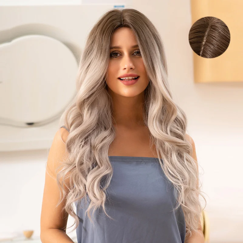 نمط جديد شعر مستعار موجة كبيرة للنساء أسود متدرج رمادي طويل مجعد الشعر مع الانفجارات الشعر الاصطناعية شعر مستعار كامل الرأس #3