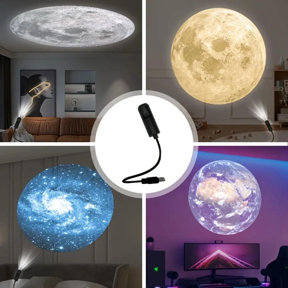 Moon USB Projector Light, Custom Creative Pattern, Room Atmosphere Lamp, 3D Starry Night Light, 10 Replaceable Projection Slides