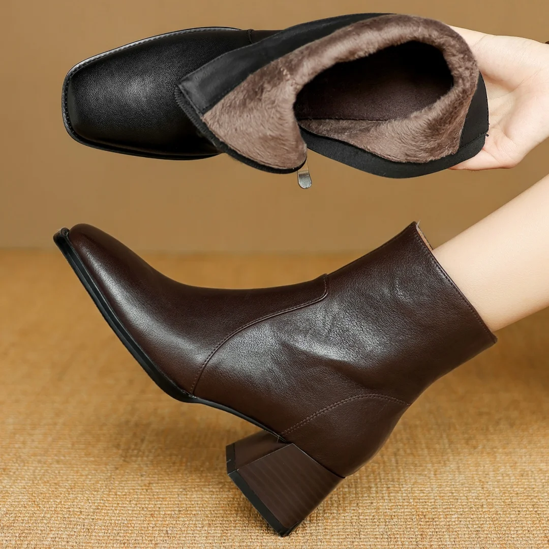 

Women's sheepskin square toe side zip autumn ankle boots 5cm thick med heel elegant ladies OL style daily slim dress short boots