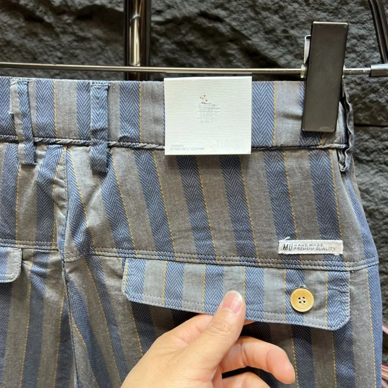 Pantalones Haren de cintura elástica a rayas para hombre, botones de calle, bolsillos con cremallera, estilo fino, combina con todo, primavera y verano, nuevo