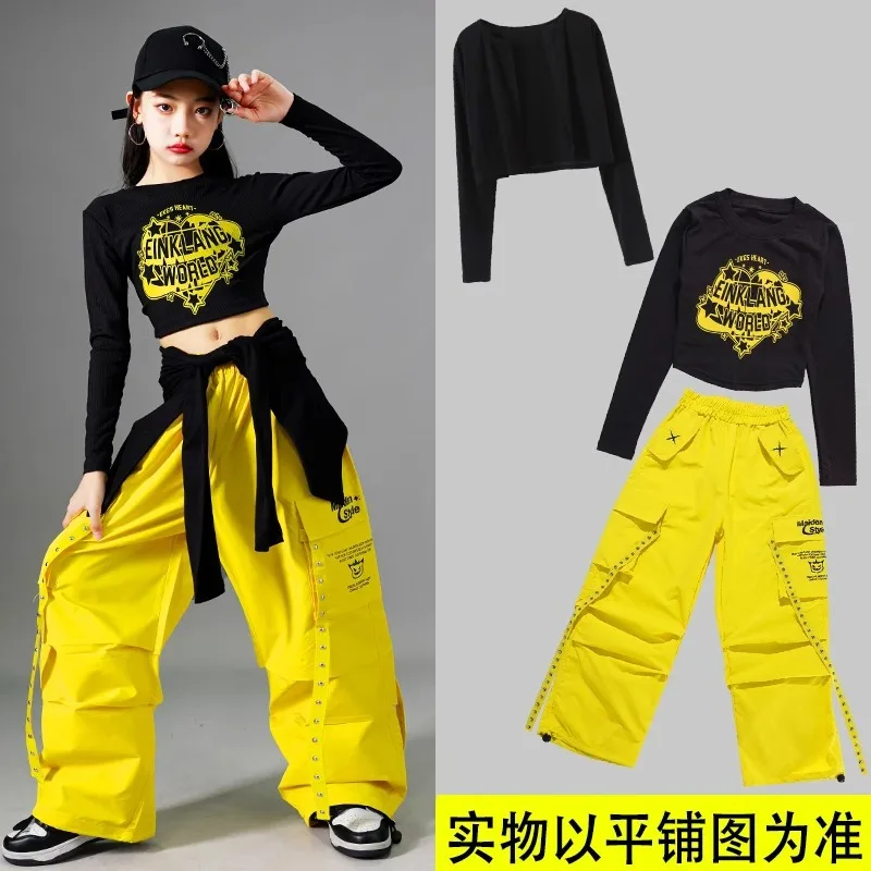

Girls Hip Hop K-pop Crop Top And Cargo Pants Set Street Dance Letter Print Outfit Child Jazz Group Performance Wear