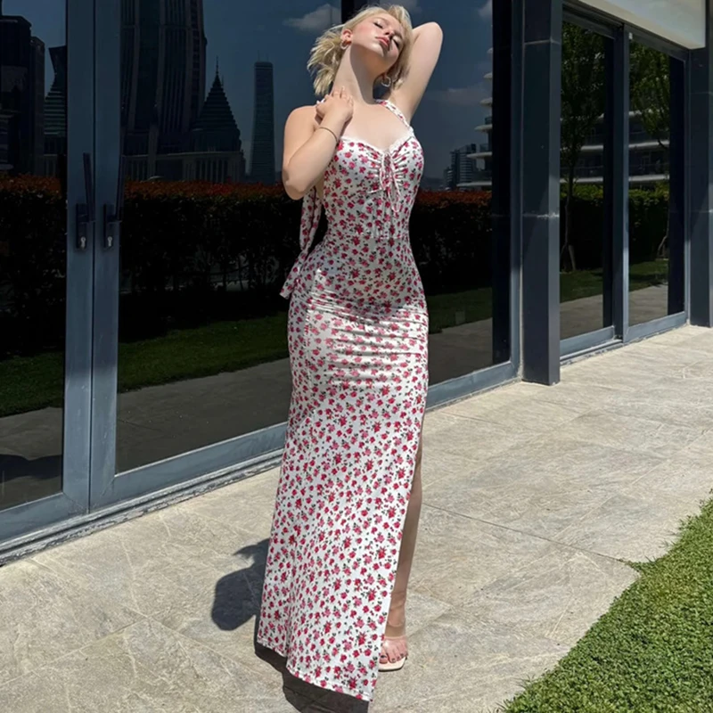 

Ticketsx Floral Print Long Dress Women's Sexy Halter Sleeveless Backless Slit Dress Female Fashion Simple Summer Beach Dresses
