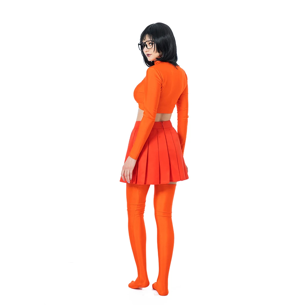 (in stock) Anime Velma Cosplay Costume Movie Character Ladies Girls Sexy Orange Uniform Crop Top Mini Skirt Over Knee Socks Set