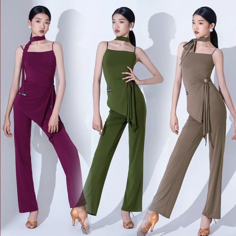 

2025 New Latin Dance Costume Children Tango Salsa Dance Performance Clothes Girls Dance Sling Top and Practice Pants Set XH2945