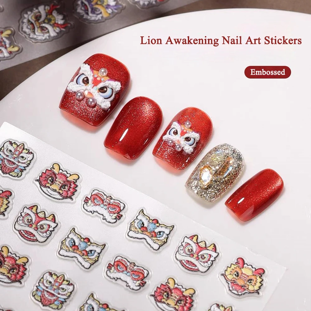 1pcs Cute Lion Awakening Embossed Nail Art Stickers 5D Cartoon Dragon Head Relief Nail Art Slider DIY New Year Nail Decals Decor