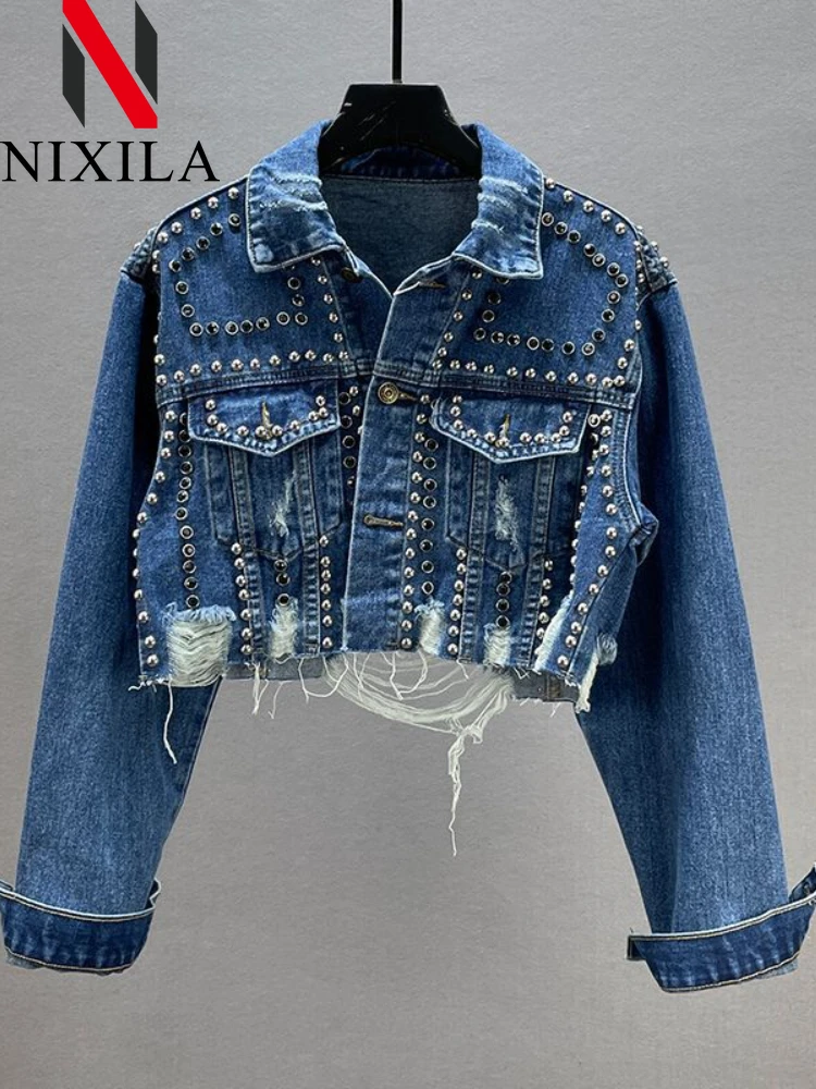 

New in Spring Summer Womens Denim Jacket 2024 Heavy Industry Rivet Studded Jean Coats Women Worn Nail Bead Jean Long Sleeved Top