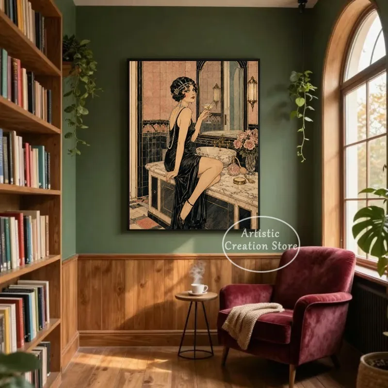 Vintage Luxury 1920s Bathroom Flapper Woman Drinking Wine Poster Canvas Painting Wall Art Pictures Home Toilet Decor