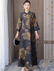 Autumn Winter Floral Silk Long Sleeve Maxi Dress Women Fashion Casaul Loose Waist Dress 2024 Korean Vintage Elegant Night Dress