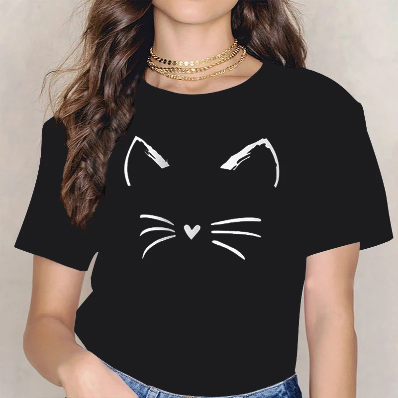 Cartoon Cat Face Print Women T Shirt Short Sleeve O Neck Casual summer Tshirts girl cotton Lady Tee Top Clothes Camisetas Mujer