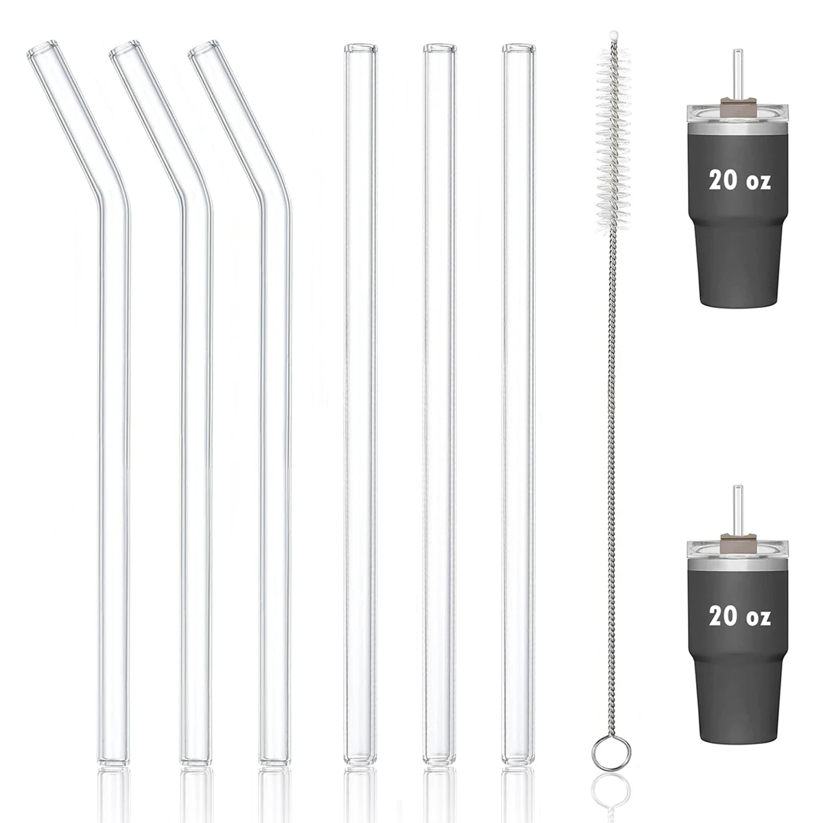 Reusable Glass Straws Shatter Resistant, Drinking Smoothie Straw with Cleaning Brush for Stanley Cup Juice Cocktail, 200*8mm 6pc