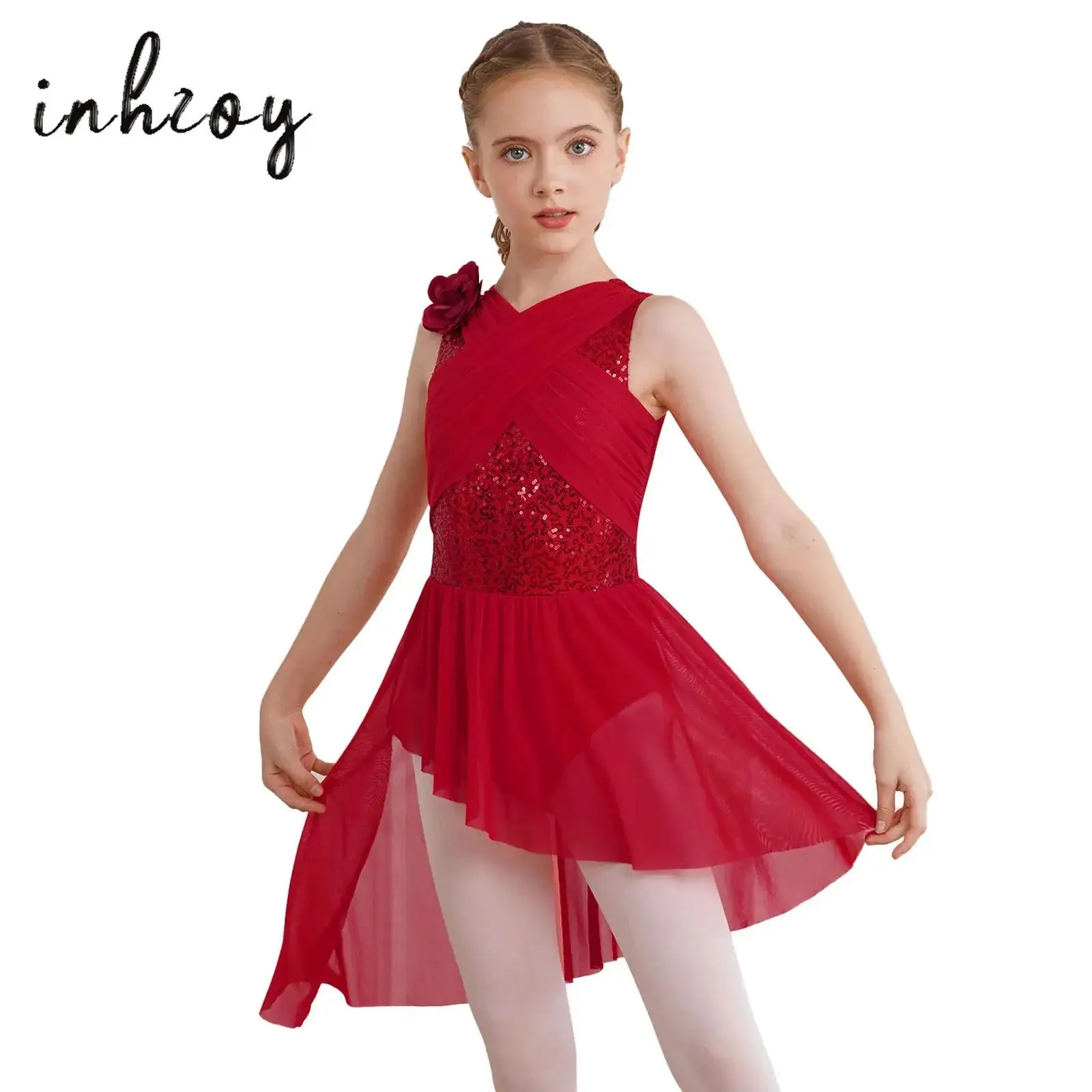 

Kids Girls Sequins Lyrical Modern Dance Dress Split Sheer Chiffon Tulle Skirts Ballet Leotard Figure Skating Gymnastics Costume