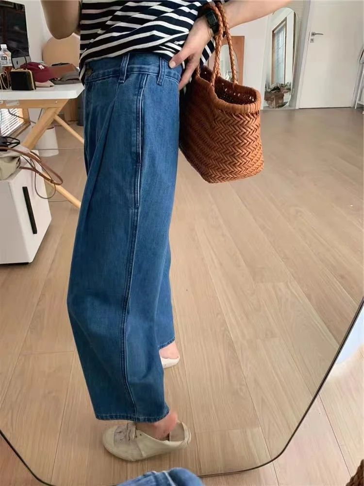 plus Size Women's Vintage Denim Wide Leg Spring High Waist Loose Slimming Meat Covering Nine Point Pants 200 Pounds