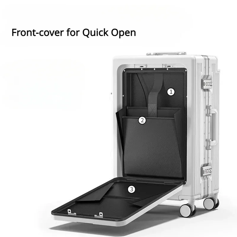 Aluminum Framed  Boarding Suitcase of 20 Inch Wide Handle Luggage with Laptop Mesh and USB Charging Front-open Trunk