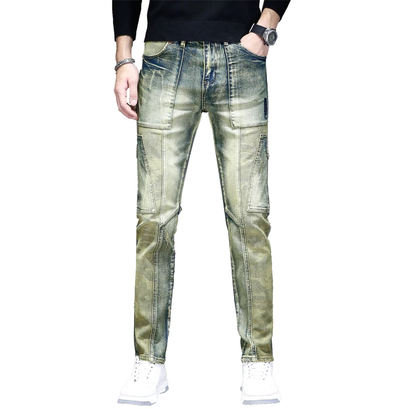 Retro Distressed Motorjeans Voor Heren High-End Kleine Straight Fashion All-Match Slanke Stretch Casual Straatbroek