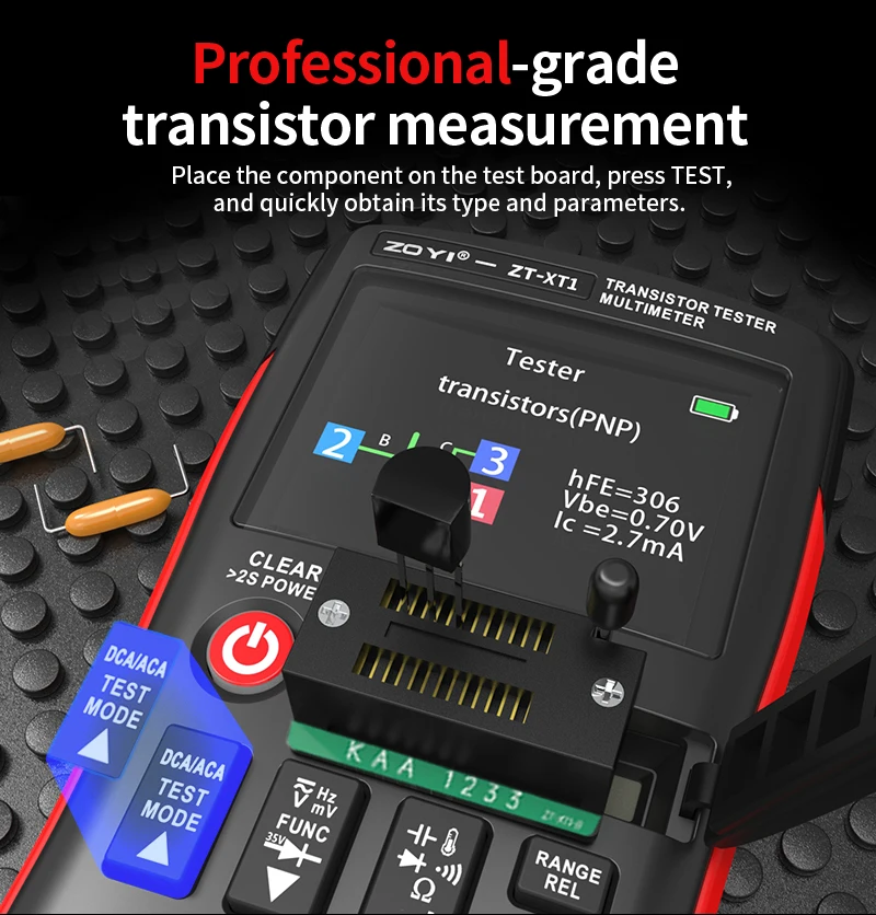 ZOYI ZT-XT1 2-in-1 Hochpräzisions-True-RMS-Multimeter & Transistortester, Spannungs-, Widerstands-, Dioden-, Kapazitäts- und Durchgangsprüfung – Detail 6