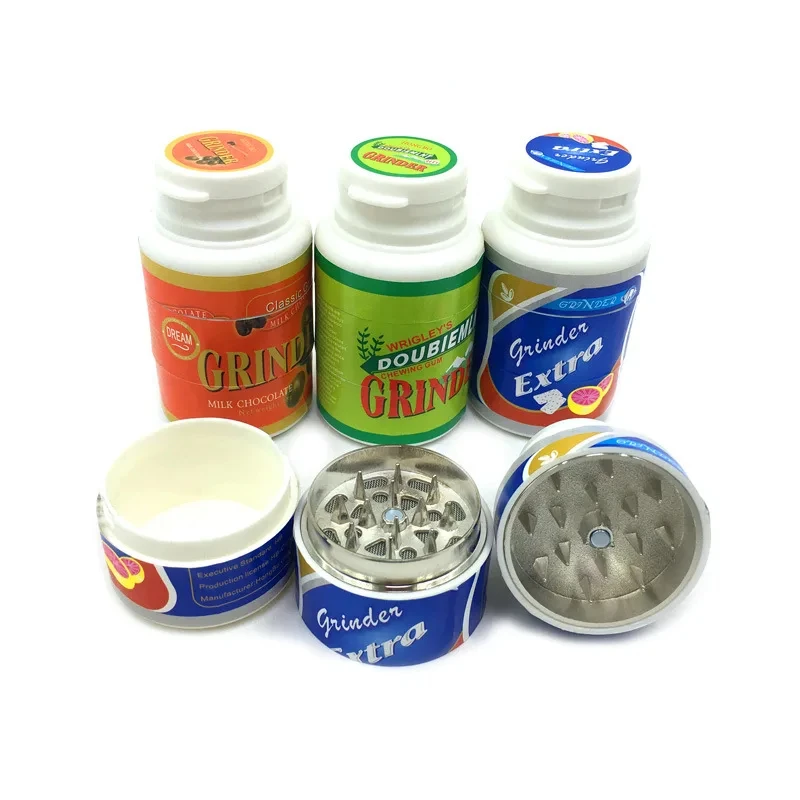 45mm Chewing Gum Bottle Herbal Grinder Tobacco Herb Crusher Smoke Metal Plastic Shell Sticker Print Smoking Accessories